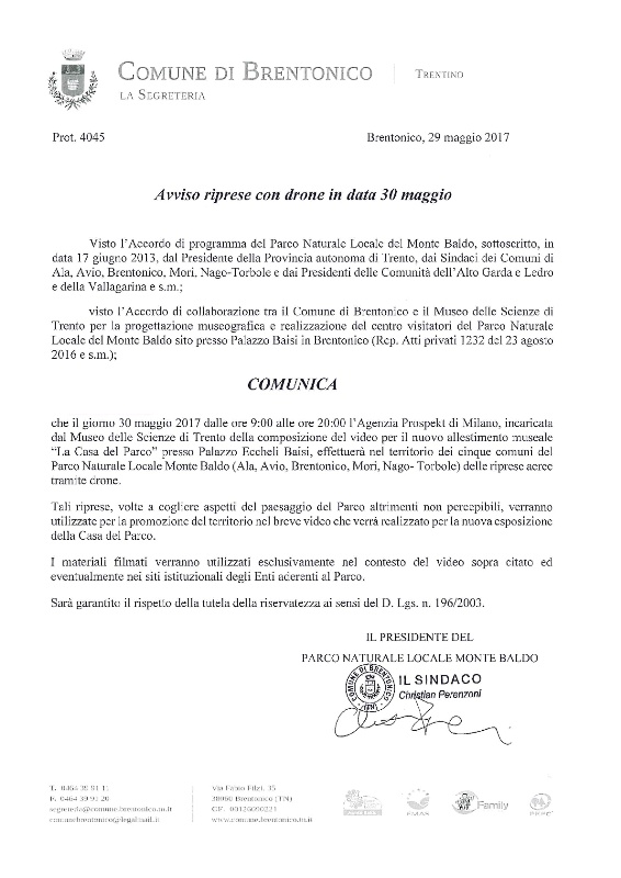 Avviso riprese con drone in data 30 maggio 2017